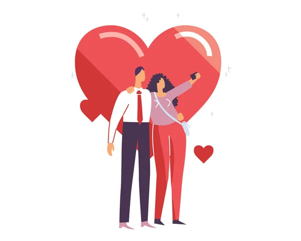 Los amantes hacen selfies el día de San Valentín. Ilustración vectorial EPS 10 aislado — Vector de stock