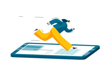 Kadın telefonda koşuyor. Konsept vektör illüstrasyonu Eps 10 beyaz üzerine izole