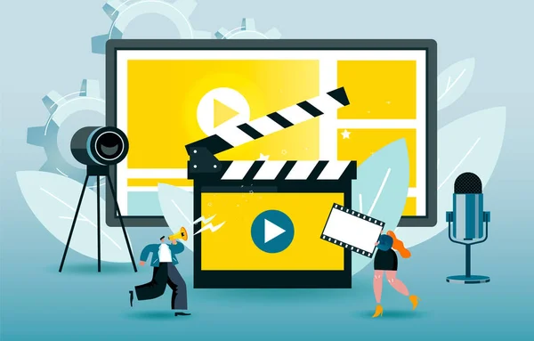 Little characters create a video. Blue and yellow colored vector illustration EPS 10