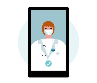 Yeni Coronavirus COVID-19 'a karşı temel koruma önlemleri. Çevrimiçi yardım ve destek. Doktor uzaktan çalışıyor. Virüsten koruma tavsiyesi. Vektör illüstrasyonu EPS 10 izole edildi