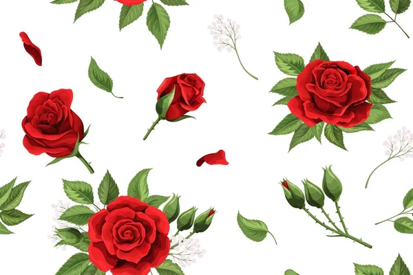 红玫瑰花和柔软的花瓣元素无缝的样式 — 图库矢量图片
