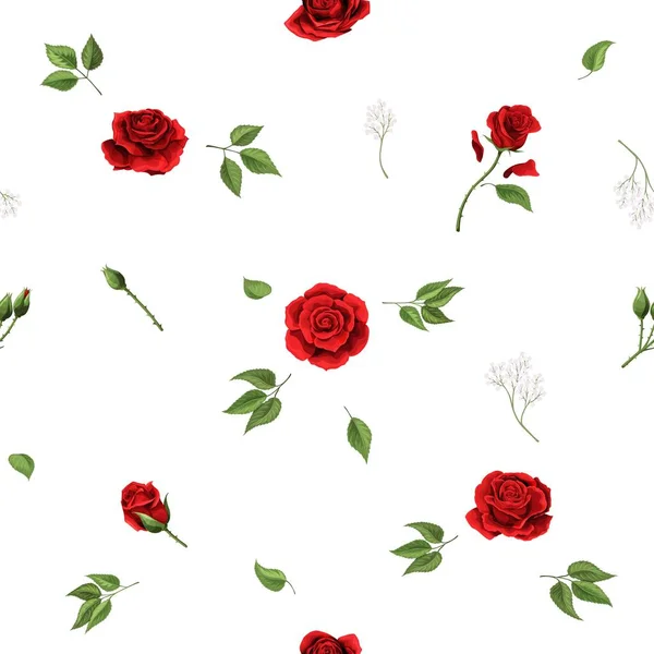 红玫瑰花和绿叶元素载体无缝图案 — 图库矢量图片