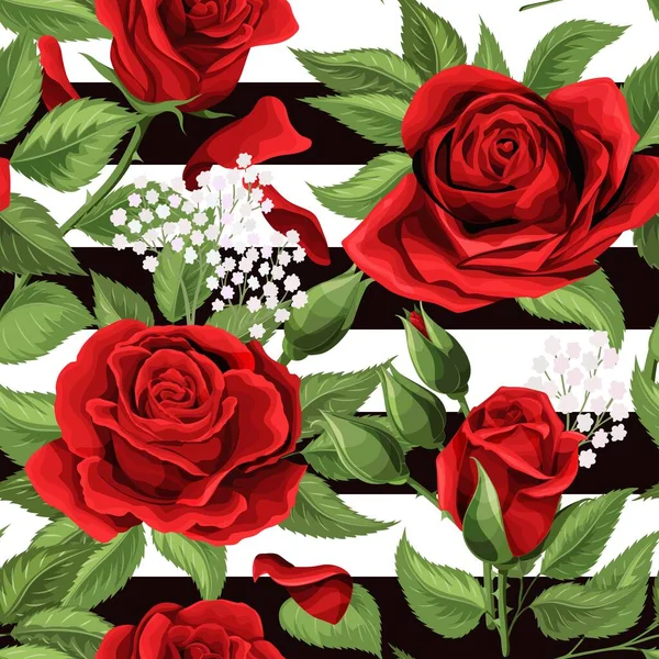 红玫瑰花朵无缝背景. 图形背景上美丽的花朵 — 图库矢量图片