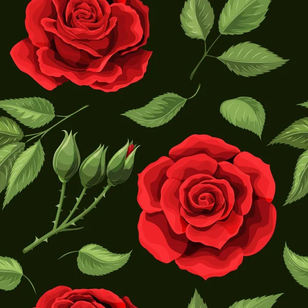 Rose rouge broderie motif sans couture. Beaux bourgeons de roses rouges sur noir — Image vectorielle