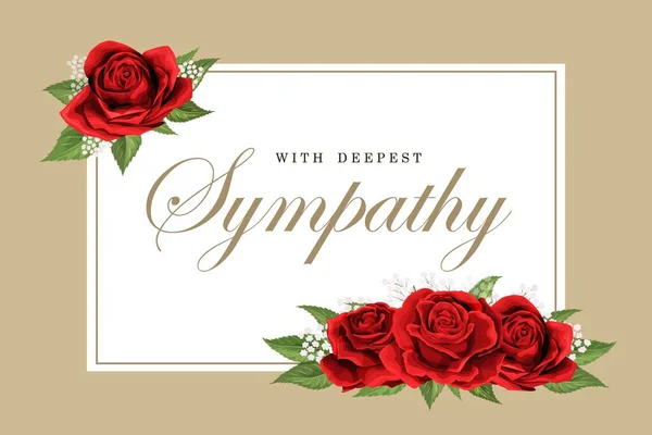 Condolências simpatia cartão floral vermelho rosas buquê e letras — Vetor de Stock