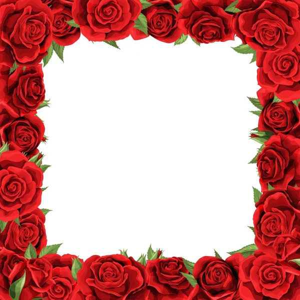 Elegante rote Rosen und grüne Blätter Blumenstrauß Vektor Design Rahmen — Stockvektor