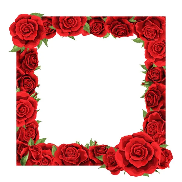 Leerer Vektorrahmen mit roten Rosenblüten und Blättern isoliert auf weiß — Stockvektor