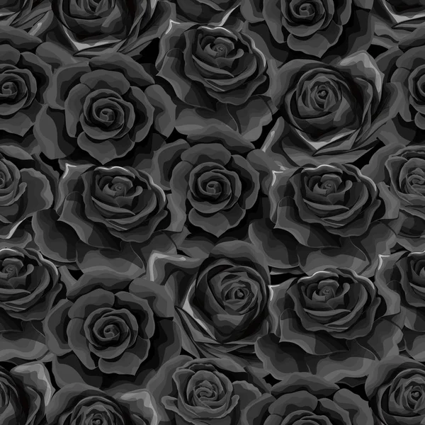 Hermoso patrón monocromo blanco y negro sin costuras en rosas con contornos — Archivo Imágenes Vectoriales
