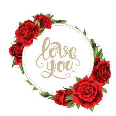 Altın harfli vektör çerçeve, kırmızı gül çiçekleri ve beyaz yapraklar