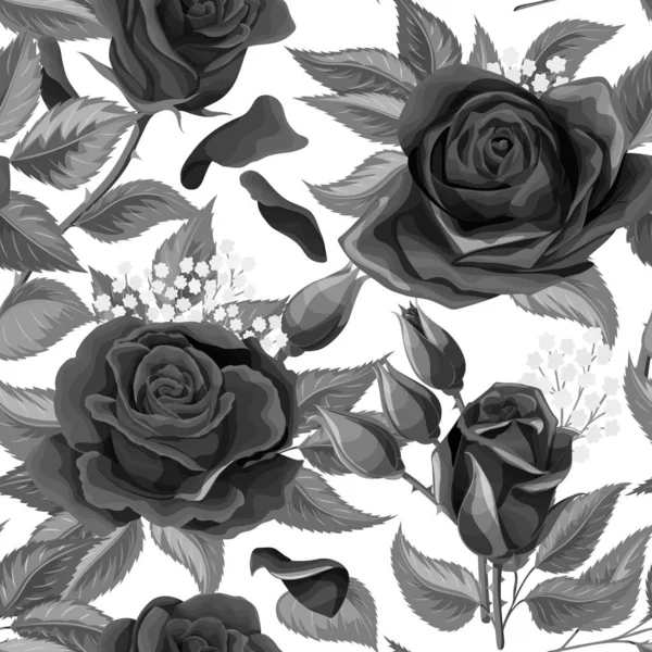 Hermoso patrón monocromo blanco y negro sin costuras en rosas con contornos — Archivo Imágenes Vectoriales
