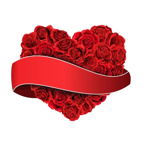 Día de San Valentín rosas rojas llenas de corazón con cinta de fondo aislado — Archivo Imágenes Vectoriales