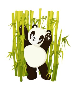 Tatlı panda sabah egzersizlerini bambu ormanı düz vektör çiziminde yapıyor.