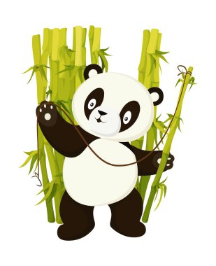 Tatlı panda, bambu sapı düz vektör çizimi ile balık tutuyor.