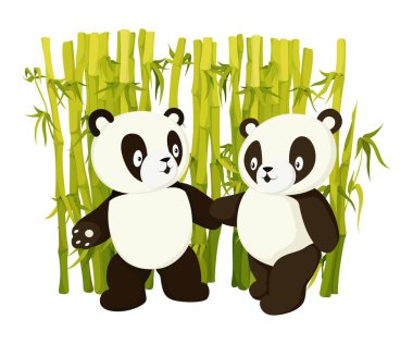 Tatlı panda bambu topluyor. Düz vektör çizimi.