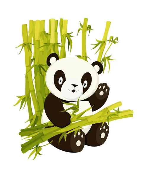 Mignon panda mangeant des tiges de bambou illustration vectorielle plate — Image vectorielle