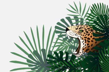 Fantasy tropical world. Vector border with leopard and exotic plants clipart
