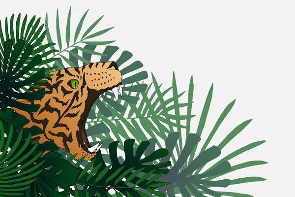 Fantasy tropical world. Vector border with tiger and exotic plants — ストックベクタ