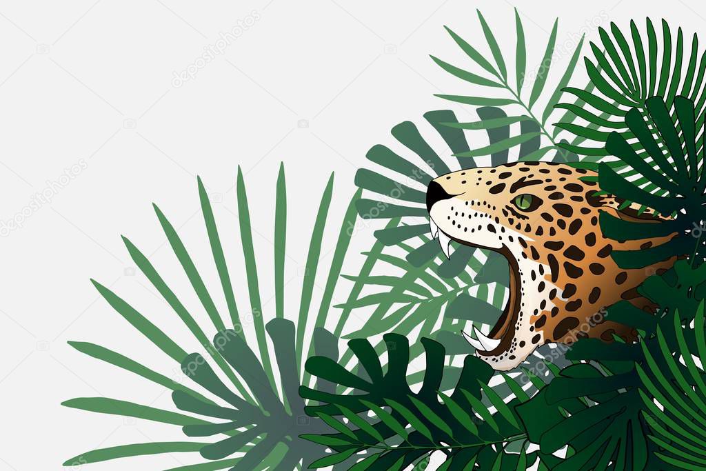 Fantasy tropical world. Vector border with leopard and exotic plants