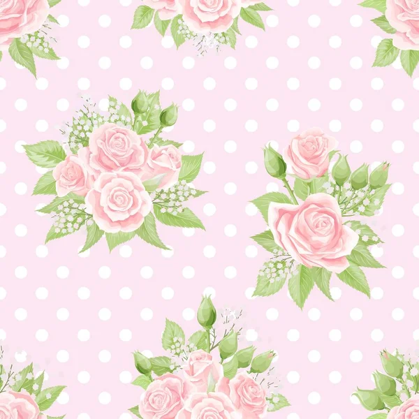 Zökkenőmentes minta rózsaszín rózsákkal és virágos ágakkal a pöttyös háttéren — Stock Vector