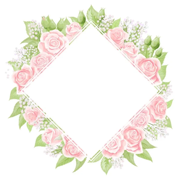 Rosa crema rosa cornice quadrata, disegno a mano vettoriale illustrazione — Vettoriale Stock