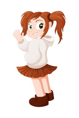 Vektör kızıl saçlı kız el sallıyor ve gülümsüyor. Kızıl okul kızı vektörü