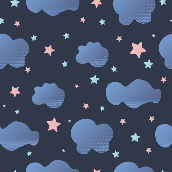 Schattig naadloos nachtelijk hemel patroon met cartoon wolken. Vectorillustratie — Stockvector
