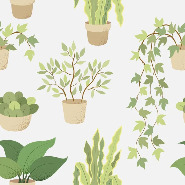 白の背景に家の屋内植物とベクトルシームレスパターン — ストックベクタ