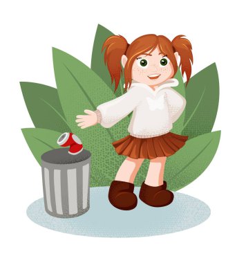 Kız çöpe çöp atıyor. Çevre koruma, ekoloji kavramı