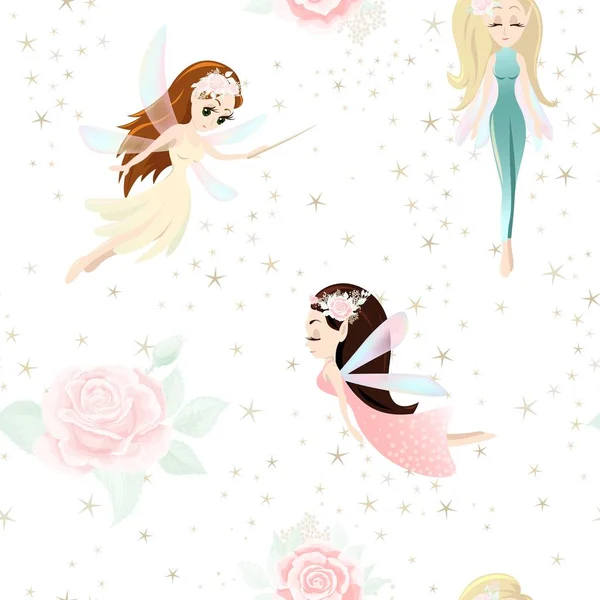 Vector seamless pattern with cute little fairy tale girls, mythical creatures — Stock Vector