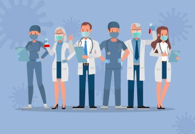 Bir grup doktor tıbbi maske takıyor. Coronavirus karantina konsepti karakter vektör tasarımı