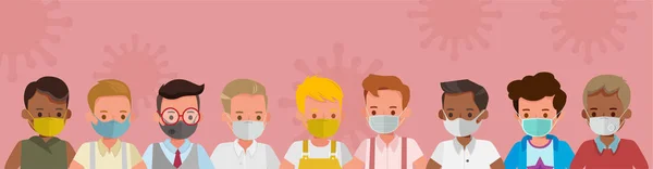 Bir grup çocuk tıbbi maske, virüs ve kirlilik koruma konsepti 2 numaralı karakter taşıyıcı tasarımı takıyor
