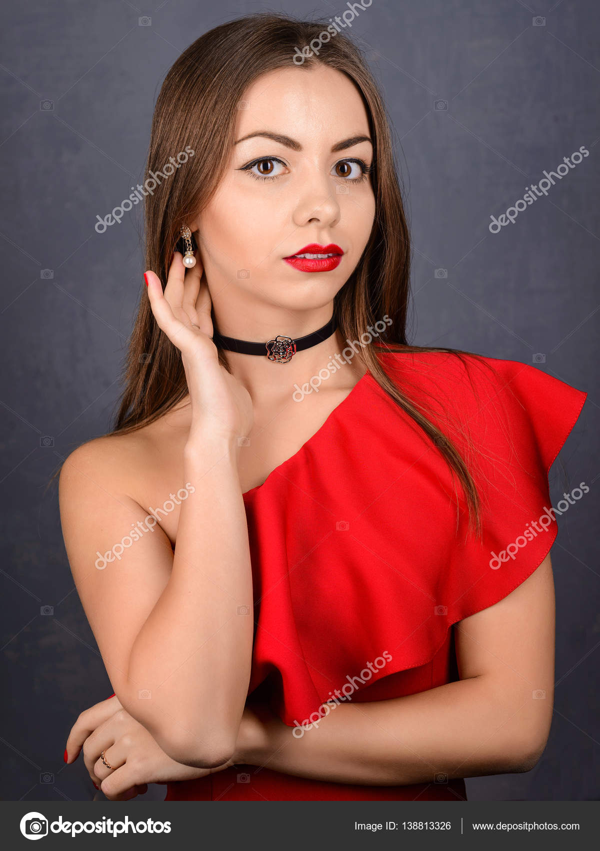 Stylish girl in red dress Stylish girl in red dress neck with black