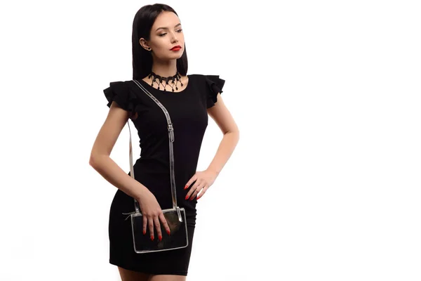 Gros plan femme élégante en robe noire avec petit sac en argent et étrangleur. concept de mode — Photo