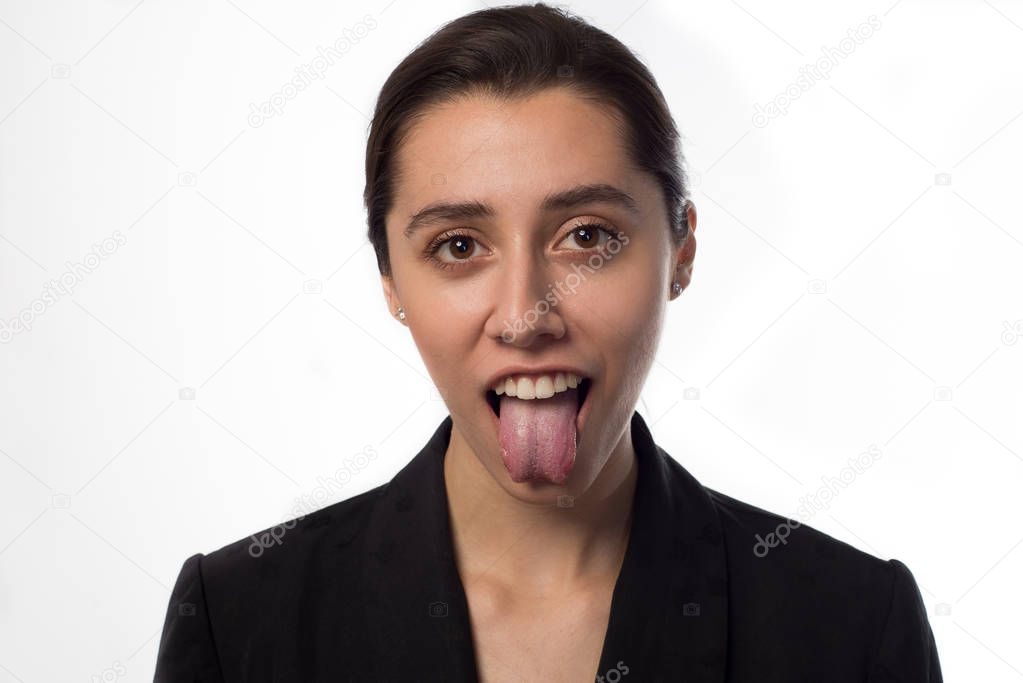 cool business woman showing tongue