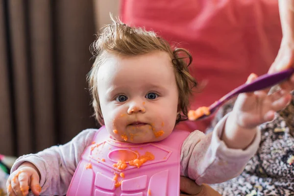 乳児は最初に食物野菜と果物のピューレをフォローアップし — ストック写真