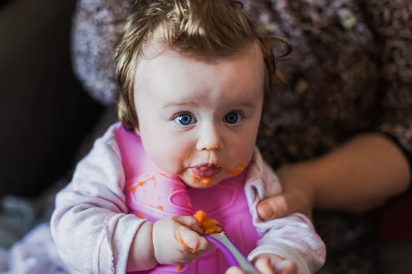 Little Baby Getting First Feeding Puree — Stock Photo, Image