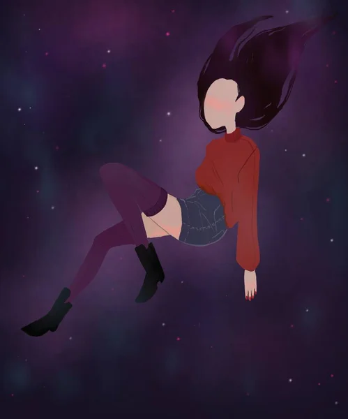 Girl Dark Hair Outer Space — Stock Photo, Image