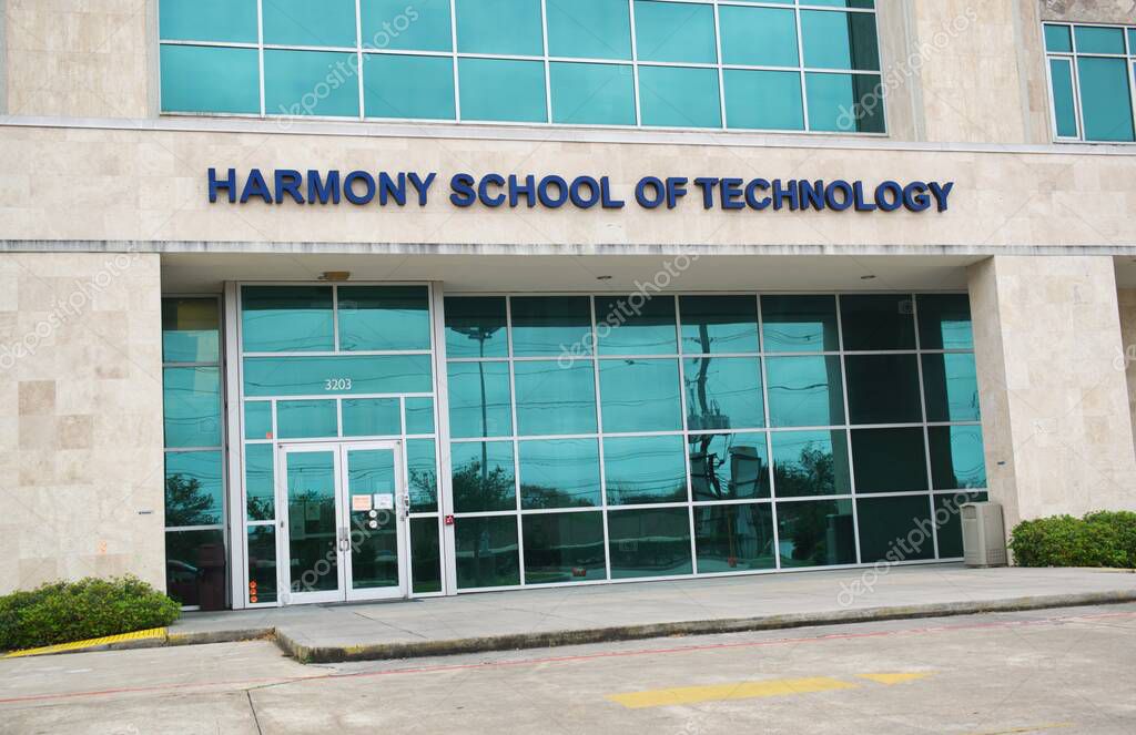 Houston, Texas/USA 02/09/2020: Harmony School of Technology front entrance in Houston, TX. Grade 5-8 School focusing on math, science, engineering and computer tech. Established in 2000 Houston, TX.