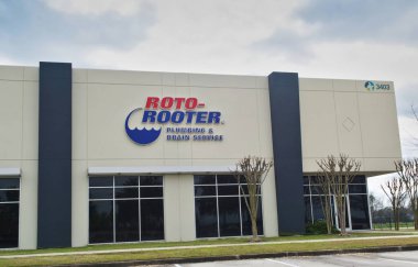 Houston, Texas/USA 02/16/2020: Roto-Rooter office exterior in Houston, TX. USA Plumbing service for residential and commercial customers, established in 1935.