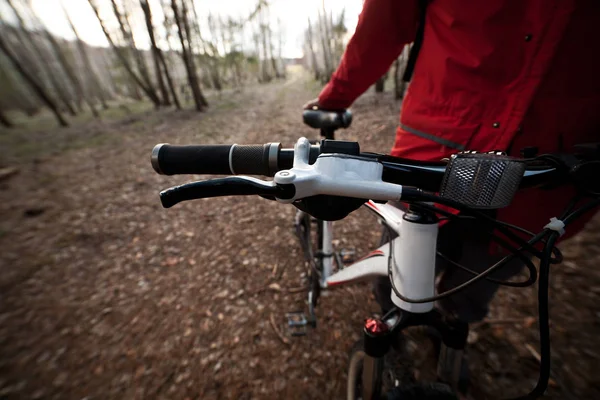 Fiets Stuur handgrepen en snelheid shifter close-up in bos — Stockfoto