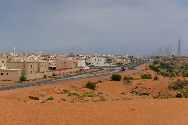 Woestijnstorm wolken in contrast met vet oranje gekleurd zand en gemarkeerde groene flora en fauna na een storm op de zandduinen — Stockfoto