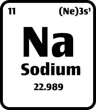 Atom numarası veya kimya bilimi konsepti veya deneyi olan elementlerin periyodik tablosunda siyah ve beyaz arkaplan üzerine Sodyum (Na) düğmesi.