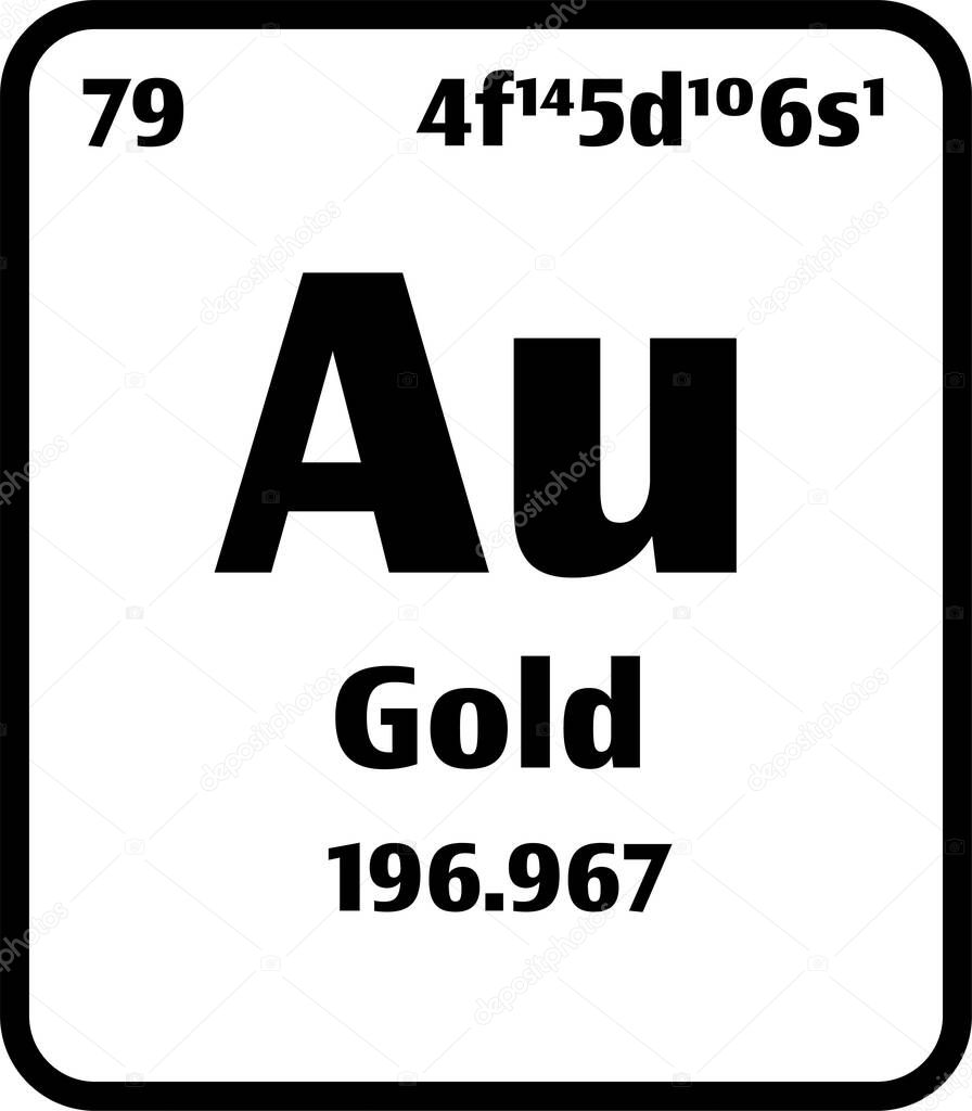 Gold (Au) button on black and white background on the periodic table of elements with atomic number or a chemistry science concept or experiment.