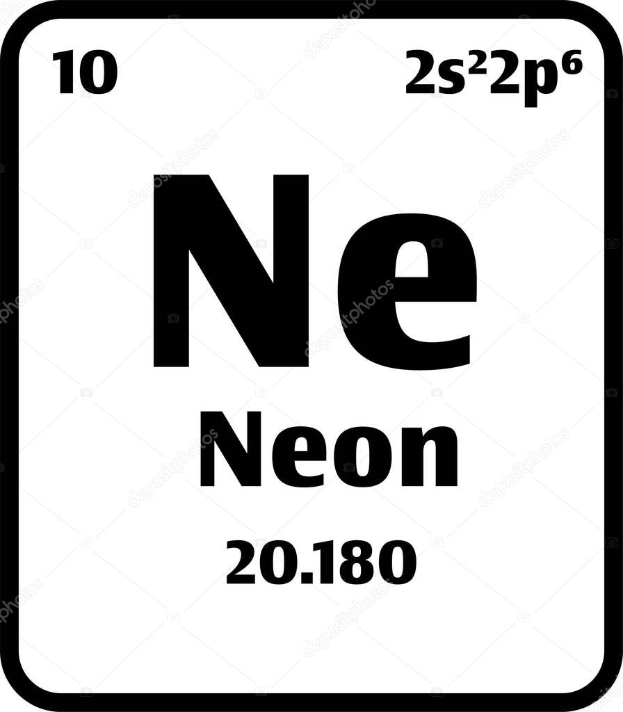 Neon (Ne) button on black and white background on the periodic table of elements with atomic number or a chemistry science concept or experiment.