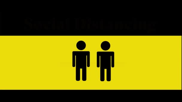 社会的距離の概念 コロナウイルス Covid 世界的なパンデミックの間の公衆衛生と安全のための人々を分離する矢印と言葉と明るい黄色の警告色のアイコンベクトル上の2人の黒 — ストック動画
