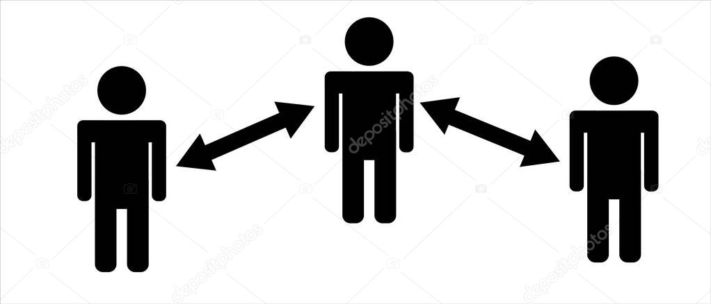 Social distancing concept: Three people black and white icon vector with arrows and words separating people for public health and safety during Coronavirus (COVID-19), global pandemic.