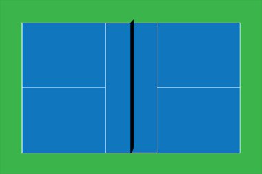 Boş bir mavi vektör sahası ve yeşil çimen arka planına bakarak ABD 'deki Pickleball sahasının eğlence amaçlı sporu.