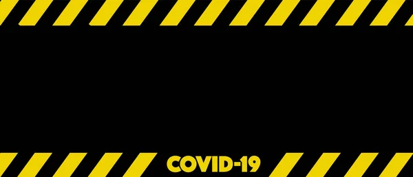 Yellow caution warning sign COVID-19 (Coronavirus) on black background for health pandemic global crisis. Social Distancing and Virus spread concept.