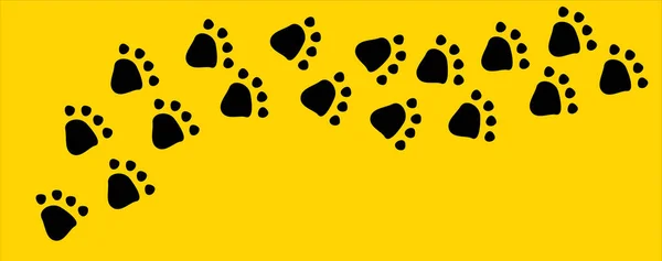 Huellas Pisada Perro Gato Negro Sobre Fondo Panorámico Amarillo Brillante — Vector de stock