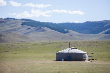 Renkli görüntü üzerinde yeşil bir alana bir Moğol yurt.
